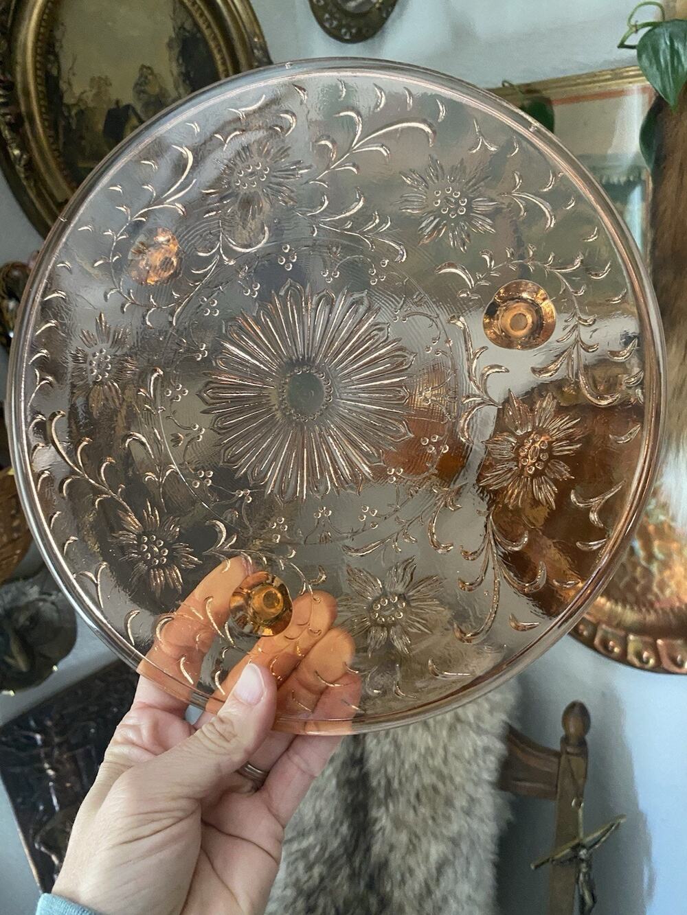 Vintage 1920s Pink Depression Glass Footed Shaggy Daisy Pattern Footed Platter